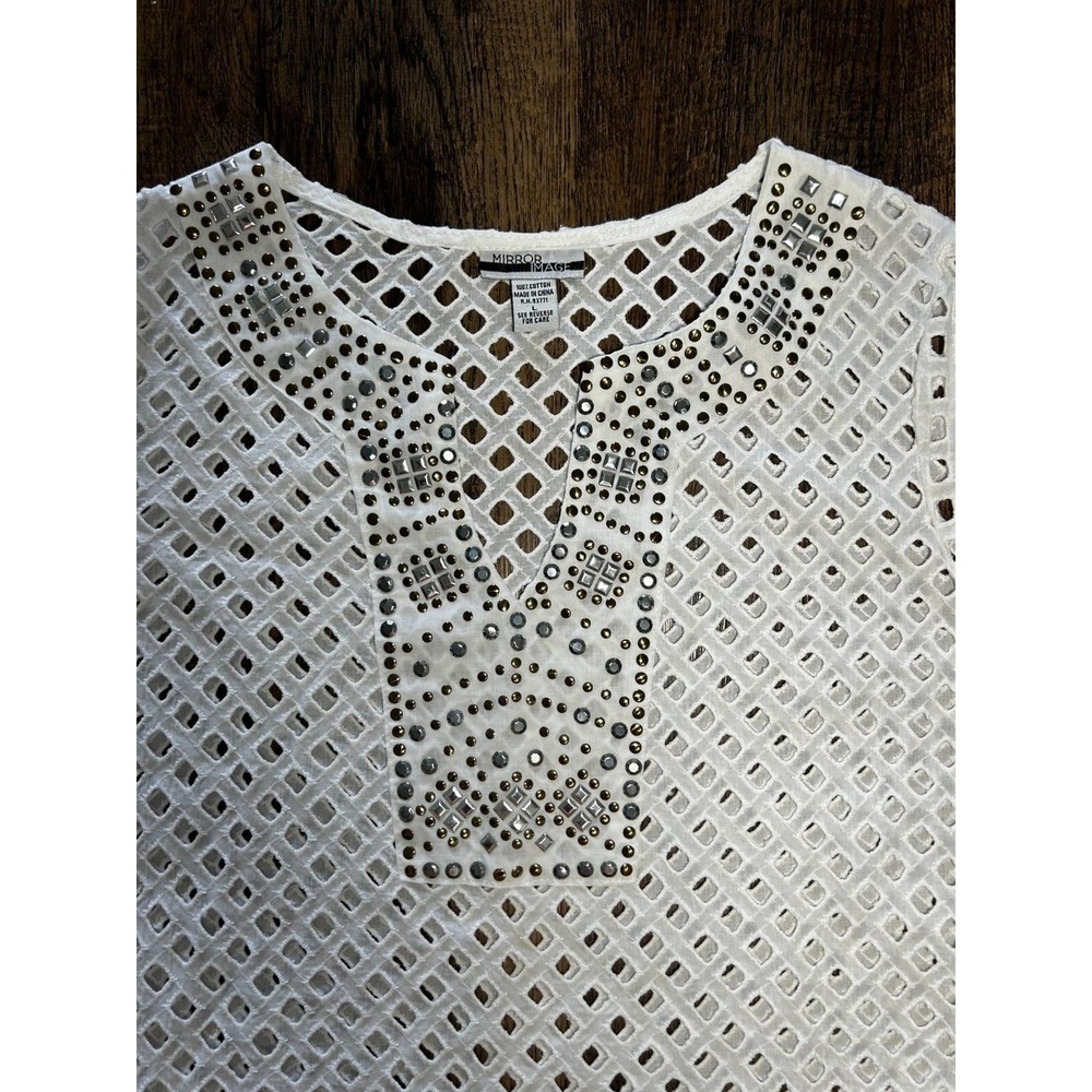 Mirror Image Cover Up Tunic‎ Womens L White Eyelet Beaded Split V-Neck Pullover - Picture 5 of 9